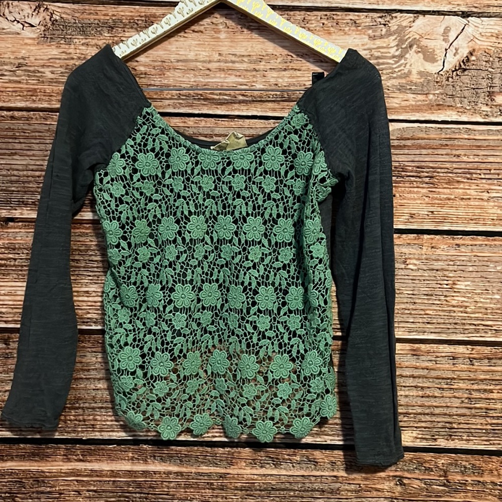 Free People Green Crochet Top With Gray Back Long Sleeve